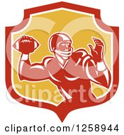 Poster, Art Print Of Retro Male American Football Player Throwing In A Red White And Yellow Shield