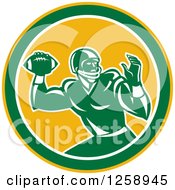 Poster, Art Print Of Retro Male American Football Player Throwing In A Yellow White And Green Circle