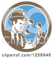 Retro Woodcut Male Magician Juggling In A Brown White And Blue Circle