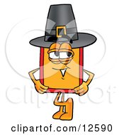 Clipart Picture Of A Price Tag Mascot Cartoon Character Wearing A Pilgrim Hat On Thanksgiving
