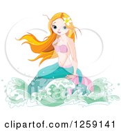Clipart Of A Pretty Red Haired Mermaid Sitting On A Rock Royalty Free Vector Illustration