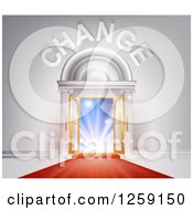 Clipart Of Change Over Open Doors With Sunshine And A Red Carpet Royalty Free Vector Illustration by AtStockIllustration