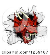 Poster, Art Print Of Fierce Red Dragon Mascot Head Breaking Through A Wall