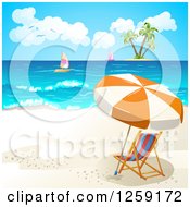 Poster, Art Print Of Beach Chair And Umbrella With A View Of An Island And Sailboats