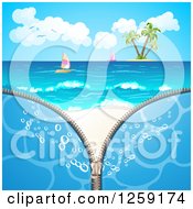 Clipart Of A Zipper Revealing An Island And Sailboats On A Beach Royalty Free Vector Illustration