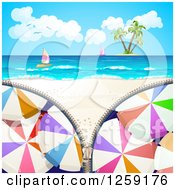 Poster, Art Print Of Umbrella Zipper Revealing A Tropical Beach Island And Sailboats