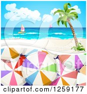 Poster, Art Print Of Umbrellas Under A Tropical Beach Island And Sailboats