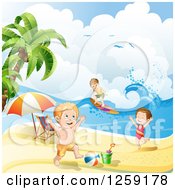 Poster, Art Print Of Caucasian Children Surfing And Playing On A Beach