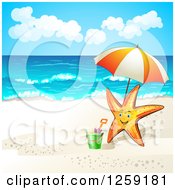 Poster, Art Print Of Happy Starfish With An Umbrella On A Beach