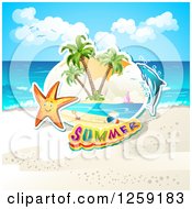 Poster, Art Print Of Happy Starfish Summer Text And A Dolphin On A Beach
