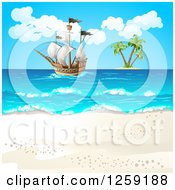 Poster, Art Print Of Ship Out At Sea Near An Island And Beach