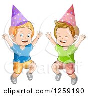 Poster, Art Print Of Excited Caucasian Boys Wearing Party Hats And Jumping