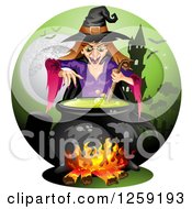 Poster, Art Print Of Evil Witch Mixing A Spell In A Cauldron Over A Haunted House