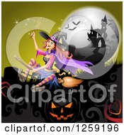 Poster, Art Print Of Flying Evil Witch Over A Full Moon Jackolanterns Bats And Haunted Mansion