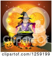 Poster, Art Print Of Evil Witch Mixing A Spell In A Cauldron Over An Orange Full Moon