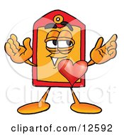 Clipart Picture Of A Price Tag Mascot Cartoon Character With His Heart Beating Out Of His Chest by Toons4Biz