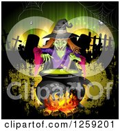 Poster, Art Print Of Evil Green Witch Mixing A Spell In A Cauldron Over A Cemetery And Grunge
