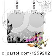 Clipart Of A Flying Evil Green Witch Over A Sign With Spiderwebs Royalty Free Vector Illustration by merlinul