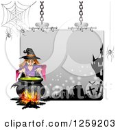 Poster, Art Print Of Evil Green Witch Mixing A Spell At A Cauldron Over A Halloween Sign