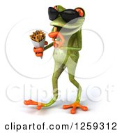 Clipart Of A 3d Green Frog Wearing Shades Walking And Eating French Fries Royalty Free Illustration