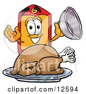 Poster, Art Print Of Price Tag Mascot Cartoon Character Serving A Thanksgiving Turkey On A Platter