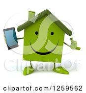 Clipart Of A 3d Green House Holding A Cell Phone Royalty Free Illustration by Julos