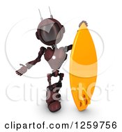 Poster, Art Print Of 3d Red Android Robot With A Surfboard