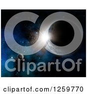 Clipart Of A 3d Sun Rising Behind Planet Earth With Nebula And Stars Royalty Free Illustration
