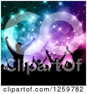 Silhouetted Dancing And Cheering Crowd Over Colorful Flares Triangles And Music Notes