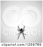 Clipart Of A Halloween Background Of A Black Spider Hanging From A Web Over Gray Royalty Free Vector Illustration