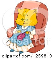 Happy Ginger Cat Granny Knitting In A Chair