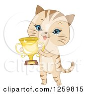 Cute Beige Cat Holding A Trophy Cup