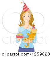 Poster, Art Print Of Happy Caucasian Holding A Cake And Her Birthday Cat