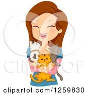 Happy Brunette White Woman Holding Three Cats