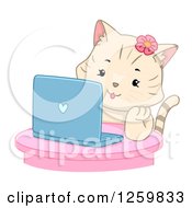 Poster, Art Print Of Happy Beige Cat Girl Using A Laptop Computer