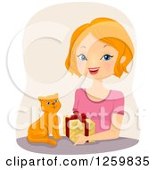 Poster, Art Print Of Happy White Woman Giving A Present To A Ginger Cat