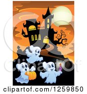 Poster, Art Print Of Haunted House On A Hill With Festive Halloween Ghosts Against A Full Moon At Sunset