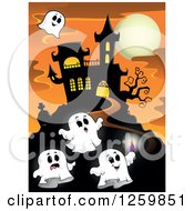 Poster, Art Print Of Haunted House On A Hill With Halloween Ghosts Against A Full Moon At Sunset