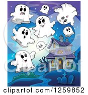 Poster, Art Print Of Haunted House With Ghosts Against A Full Moon