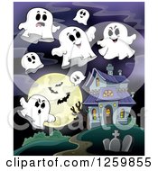 Poster, Art Print Of Haunted House With Ghosts Against A Full Moon With Vampire Bats