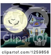Poster, Art Print Of Full Moon And Haunted House With Bats On A Misty Night