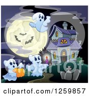 Poster, Art Print Of Haunted House With Festive Halloween Ghosts Against A Full Moon