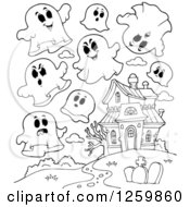 Poster, Art Print Of Black And White Halloween Ghosts Flying Around A Haunted House