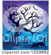Poster, Art Print Of Silhouetted Bare Tree With Flying Bats A Cat And Full Moon Over A Cemetery