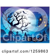 Poster, Art Print Of Full Moon And Haunted House With Jackolanterns A Bare Tree And Bats