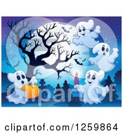 Poster, Art Print Of Full Moon Bare Tree And Festive Halloween Ghosts In A Cemetery