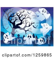 Clipart Of A Full Moon Bare Tree And Ghosts In A Cemetery Royalty Free Vector Illustration