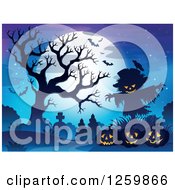 Poster, Art Print Of Full Moon And Scarecrow With Jackolanterns A Bare Tree And Bats In A Cemetery