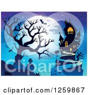 Clipart Of A Full Moon Bare Tree With Graves And Haunted House With Bats Royalty Free Vector Illustration