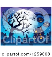 Poster, Art Print Of Full Moon Bare Tree And Jackolanterns Over Graves Near A Haunted House